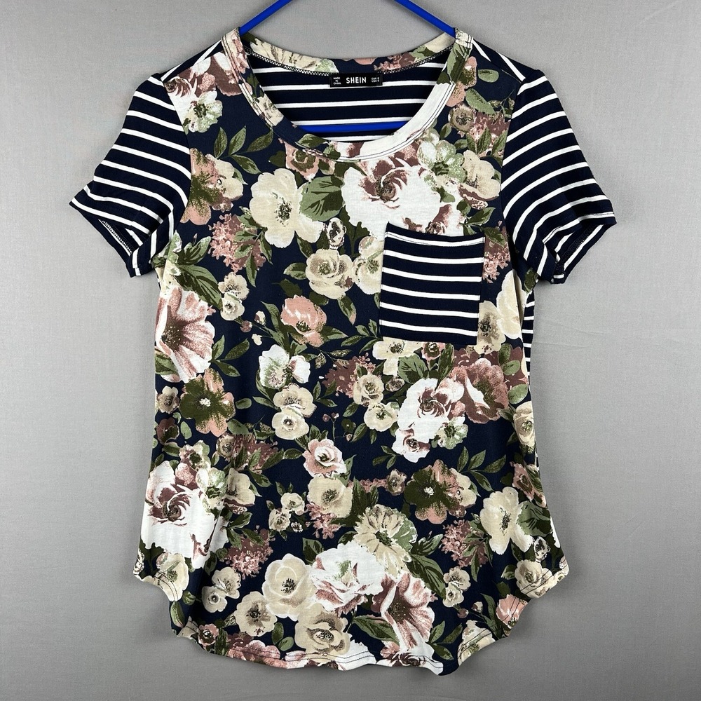 Shein Women's Shirt Short Sleeve Floral Stripe Pocket Size Small